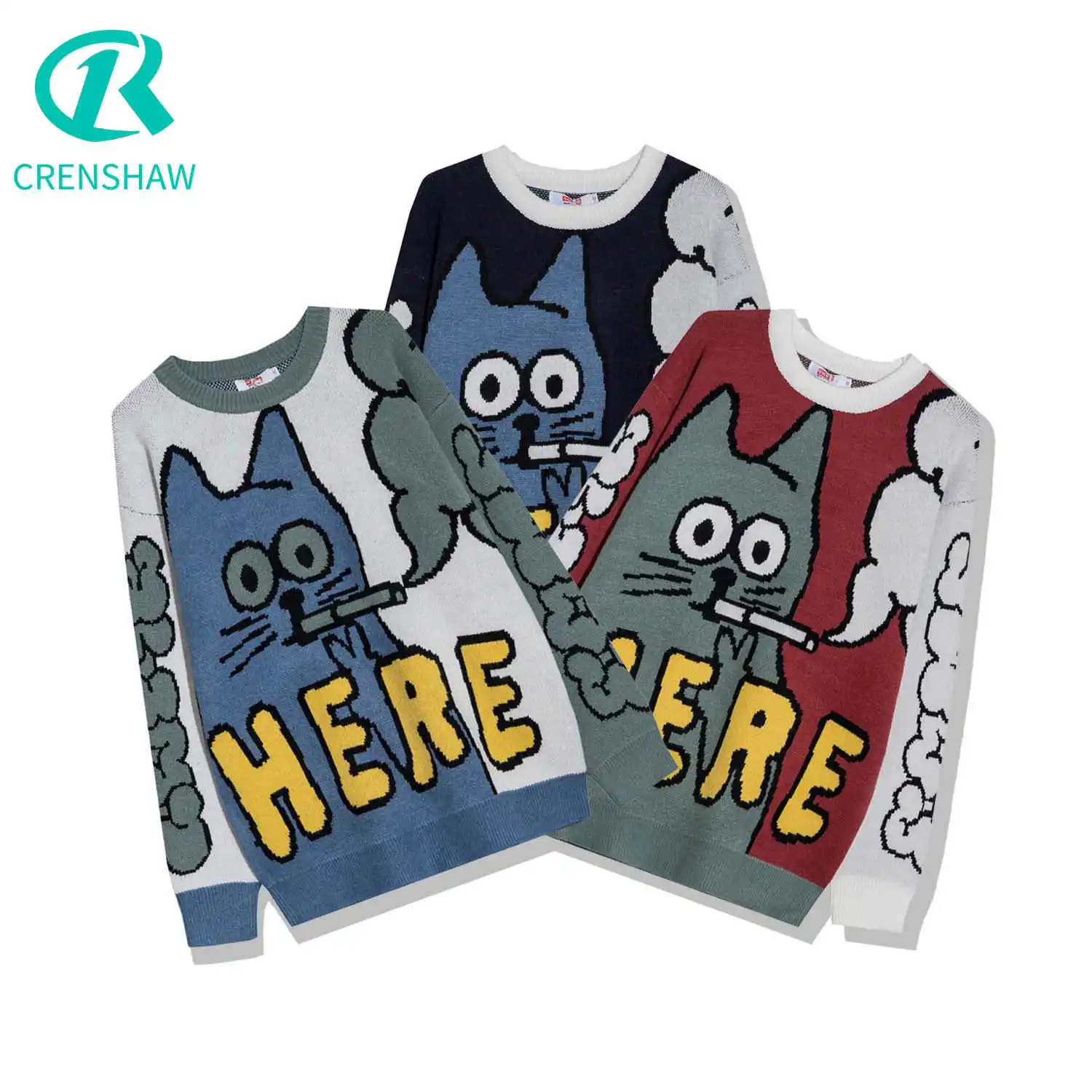 CRENSHAW Mens Sweaters Pullovers Cartoon Funny Cat O-Neck Knitted Sweater Jumpers Womens Casual Streetwear Loose Japanese Tops | Женская