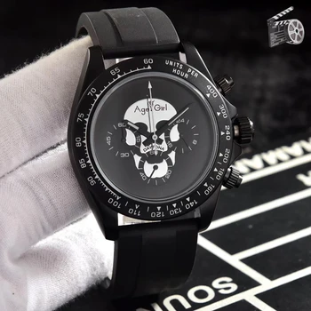 

Classic New Men Japanese Quartz Black Rubber Bracelet Rose Gold Stainless Steel Watch Chronograph Sapphire Ceramic Skull
