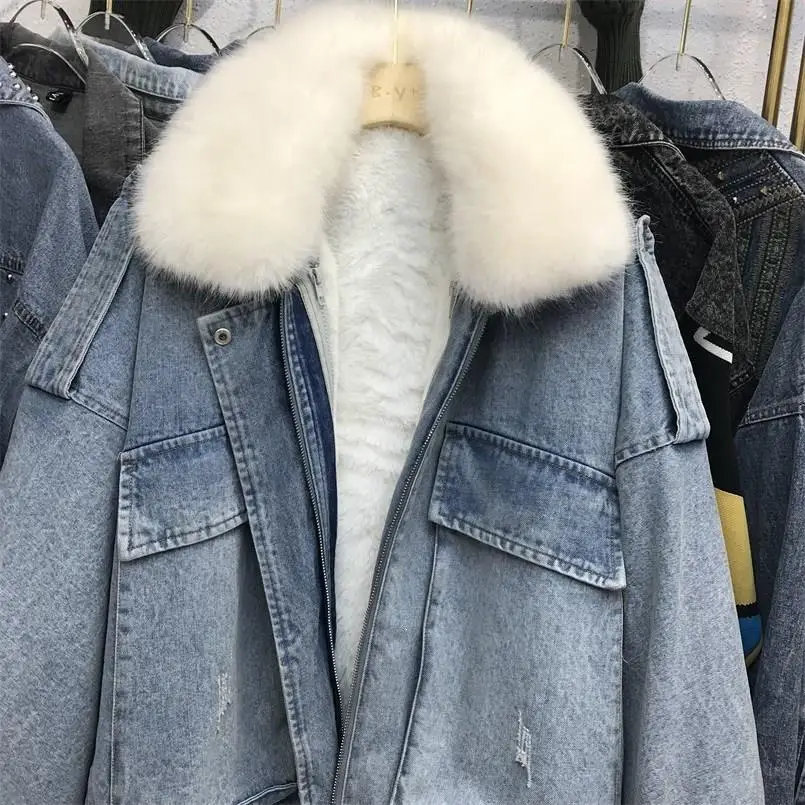 Зимняя джинсовая куртка для женщин с натуральным кроличьим мехом, зимние парки с воротником из лисьего меха, меховое джинсовое пальто