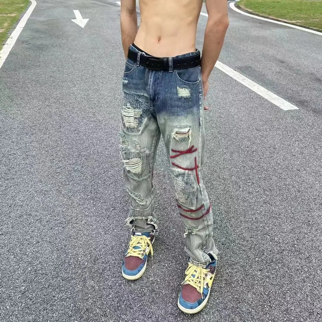 

2021 Men's American High Street Retro Casual Pants Washed Holes Embroidered Jeans Slim Fit Straight Fashion Trend Trousers S-3XL