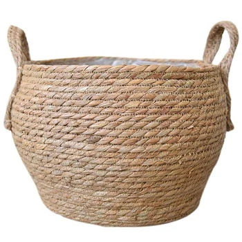 

Garden Flower Pot Natural Seagrass Basket Woven Plant Pot Handmade Belly Basket Rattan Straw Basket Foldable Baskets