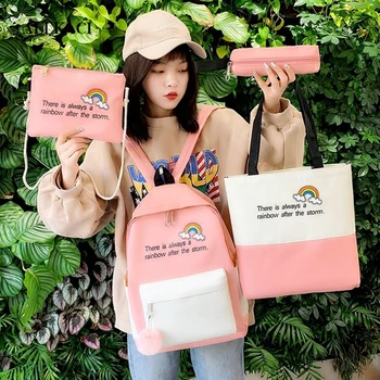 

ALLKACI Women Backpack 2020 Canvas Bags 4-piece Set Student School Bags Cute Casual Style Functional Portable Large Capacity 56