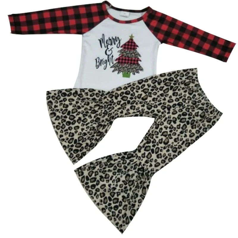 Восхитительная Рождественская Одежда для маленьких девочек Рубашка с длинными рукавами с изображением рождественской елки леопардовые брюки-колокольчики Изысканная одежда