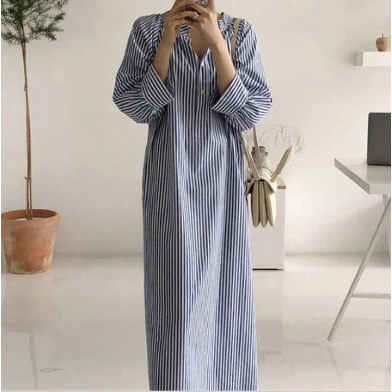 

Women's Midi Shirt Dress Vintage Button Tunic Vestidos Autumn Sundress Fashion Female 3/4 Sleeve Split Lapel Robe CL340