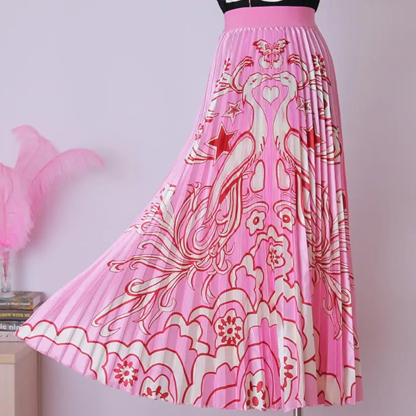 

spring autumn pink pleated skirt women elastic high waist long high waist printed skirt