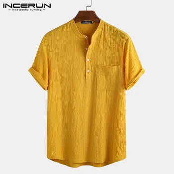 

INCERUN Man Fashion Pockets Loose Blusas Summer Breathable Blouse Men Solid Color Shirts Short Sleeve Stand Color Camisa S-3XL