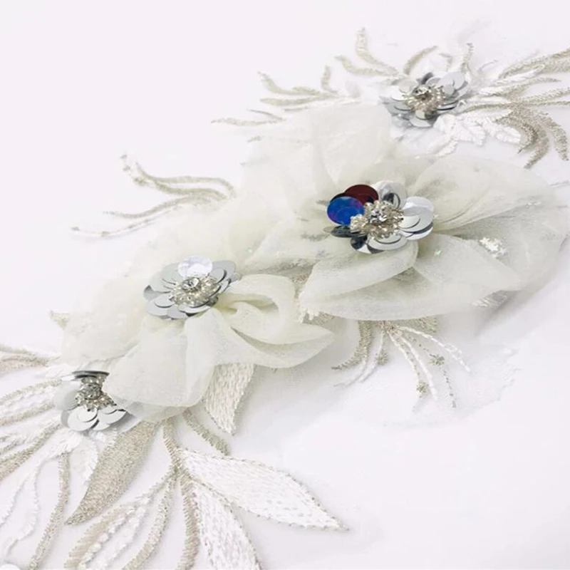 1PC White Lace Applique Flower Sequin Lace Fabric Decoration For Garment Accessories Sew On Cloth Costura Craft