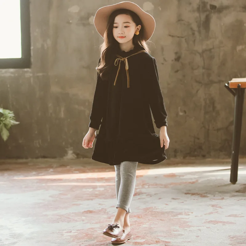 

Korean-style Middle And Large Girls Dress Winter Style Black And White with Pattern Velvet Gauze Lace-up Joint Bow Princess Dres