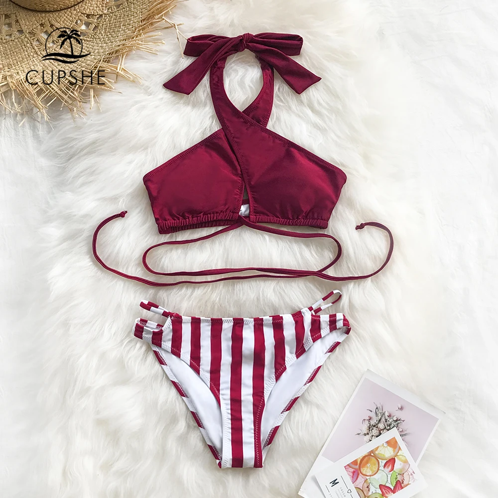CUPSHE Cross Wrap Solid and Stripe Halter Bikini Sets Sexy Lace Up Swimsuit Two Pieces Swimwear Women Beach Bathing Suits
