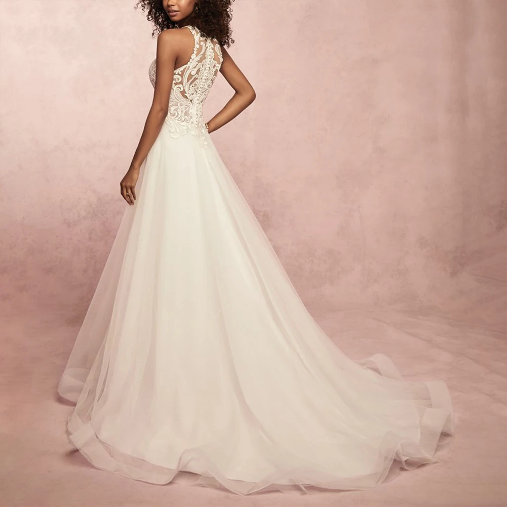Fadzeco Lace Sexy Sleeveless Flohanging neck See Through Neck Appliqued Lace Wedding Dresses2019 Bridal Gown Dress White Ivory