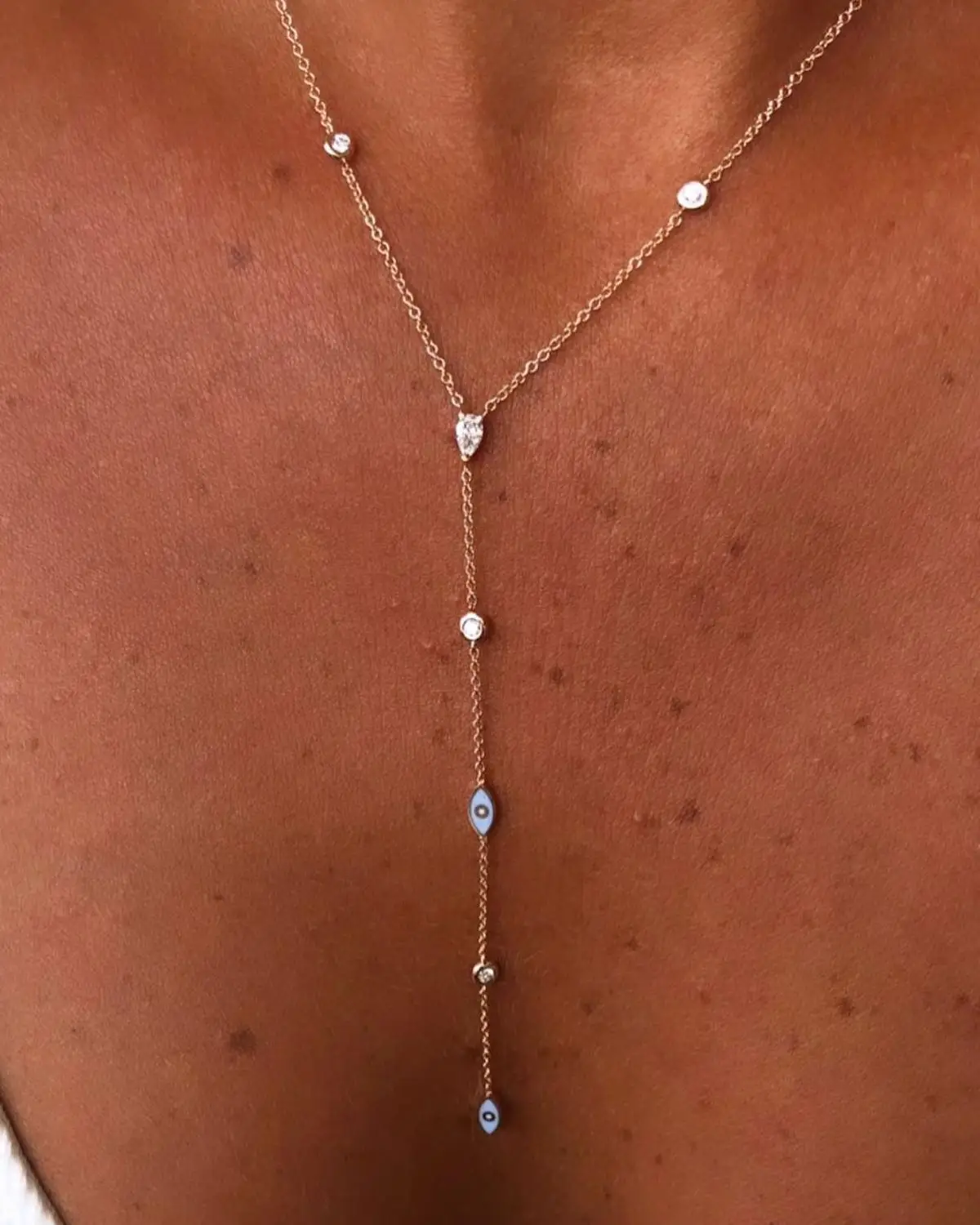 Evil Eye Charm Necklace enamel white cz link chain long Y lariat evil eye charm necklace