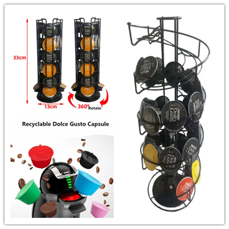 

Rotatable Coffee Pods Holder Display Dolce Gusto Storage Capsule Metal Stand 2020 Fashion Black Plating Screw Rack Drawer