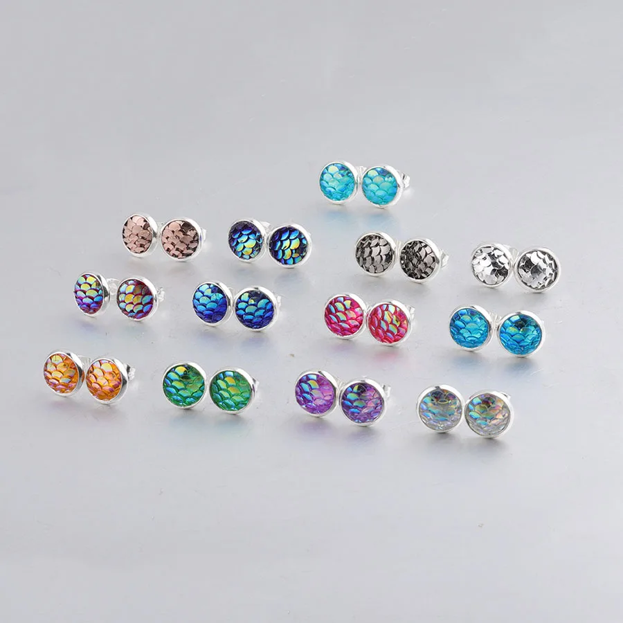 8MM 12MM Fish Scale Earrings Resin Cabochon Color Plated Stud for Women Men Girl Jewelry Gift | Украшения и аксессуары