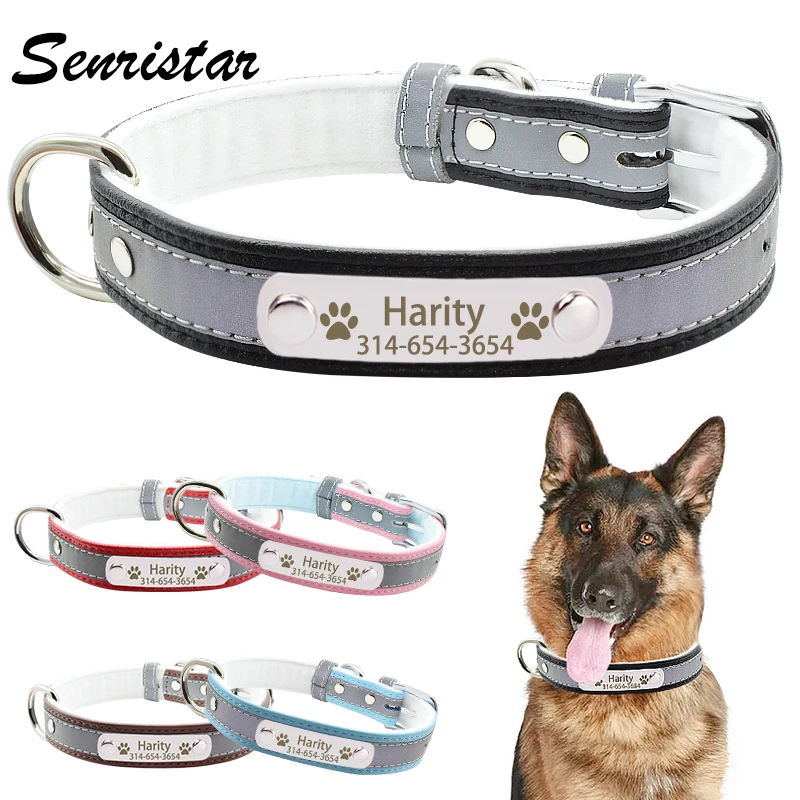 Personalized ID Name Reflective Dog Collar Engraved Nameplate Leather Padded Pet Dog Collar Small Medium Large Dogs dog collar,pet collar