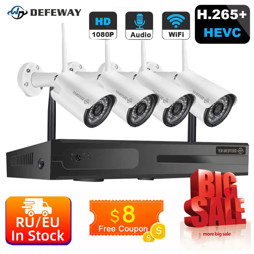 Акция! Беспроводная система видеонаблюдения 8 каналов H.265 + 2 МП NVR KitCCTV 1080P Wi Fi IP