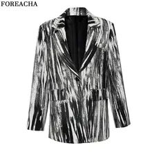 Foreacha – Blazer noir blanc imprimé Graffiti, manteau à boucle unique, costume de travail pour femme, haut Chic, ample, printemps automne 2022 