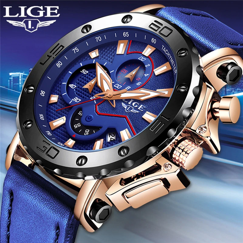  LIGENew Fashion Mens Watches Top Brand Luxury Big Dial Military Quartz Watch Blue Leather Waterproo