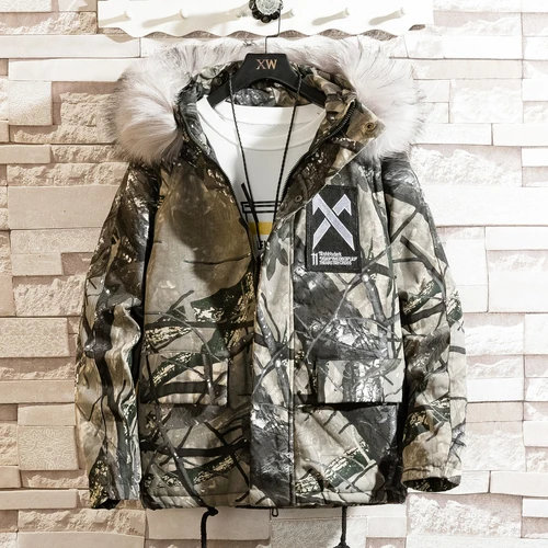 Camo Grey Зимние популярные мужские парки, камуфляжная Повседневная куртка с капюшоном и большим меховым воротником, мужские утепленные качественные парки, пальто азиатского размера S-3XL - Цвет: Camo Grey