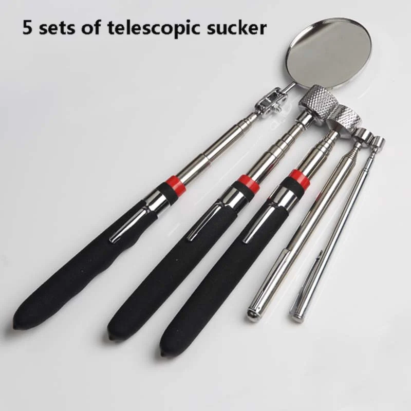 

5-piece Pen Type 50mm Round Mirror Auto Inspection Mirror Telescopic Inspection Mirror Magnet Pick-up Tool Suction Bar