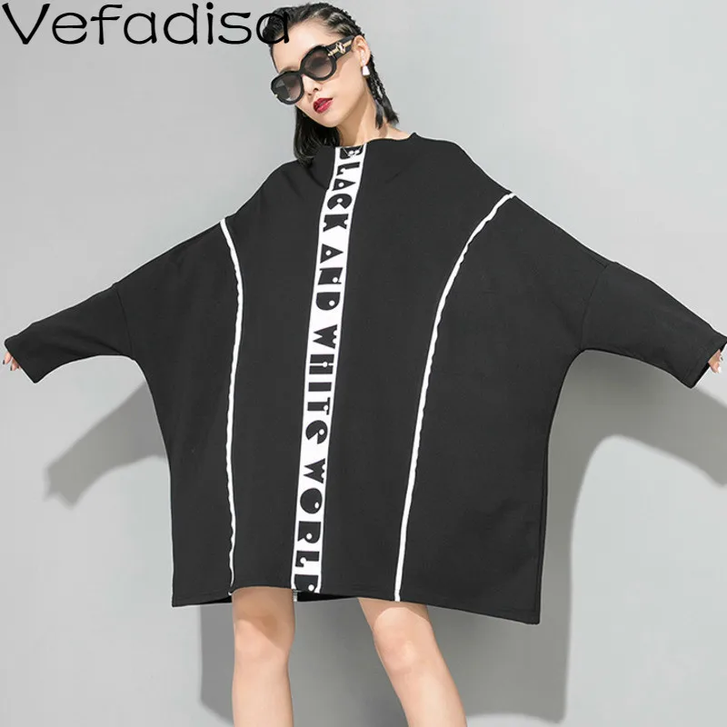 

Vefadisa Autumn Bat Sleeve Pullover Sweatshirt Letter Printed Black Cotton Sweatshirt O-Neck Long Sleeve Sweatshirt 2019 QYF495
