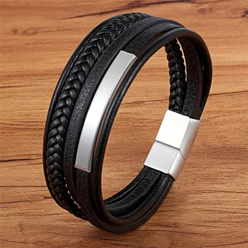 Multi-layer Hand-woven Gold Steel Black Men’s Leather Stainless Steel Bracelet DIY Size Carved Logo For Surprise Birthday Gift
