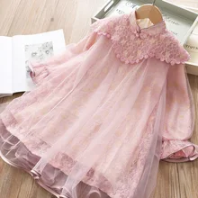 Винтажное Сетчатое платье с кружевным узором и имитацией Шона для девочек г., весенняя одежда для малышей