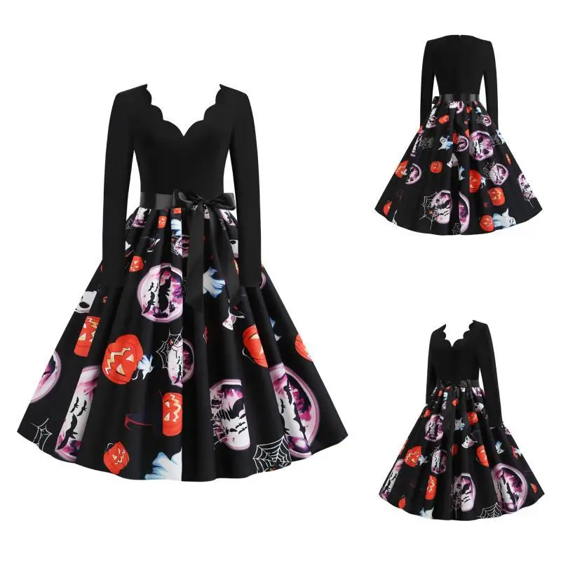 

2020 New Halloween Maternity Photography Dresses V-neck flower stitching long sleeves big swing Halloween pregnant Dress