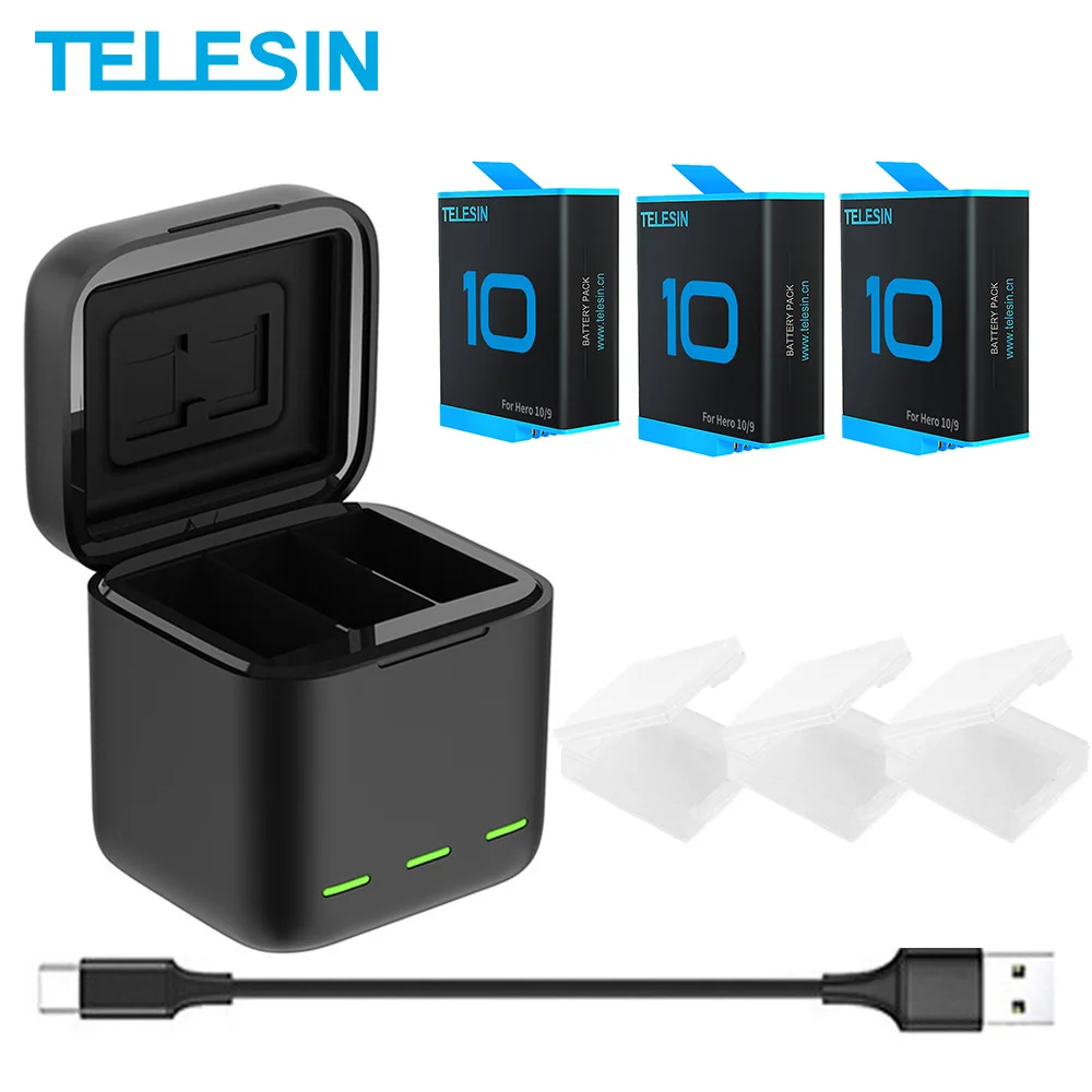 Аккумулятор TELESIN для GoPro Hero 10 1750 мАч 3 слота зарядное устройство со светодиодной