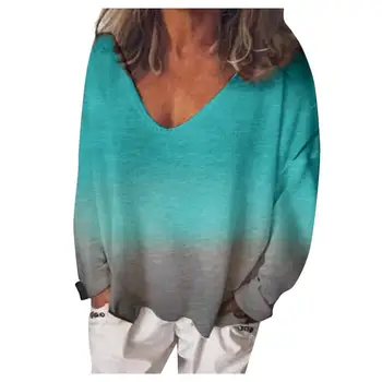

T-shirt women's fashion V-neck loose casual long-sleeved dyed T-shirt top women