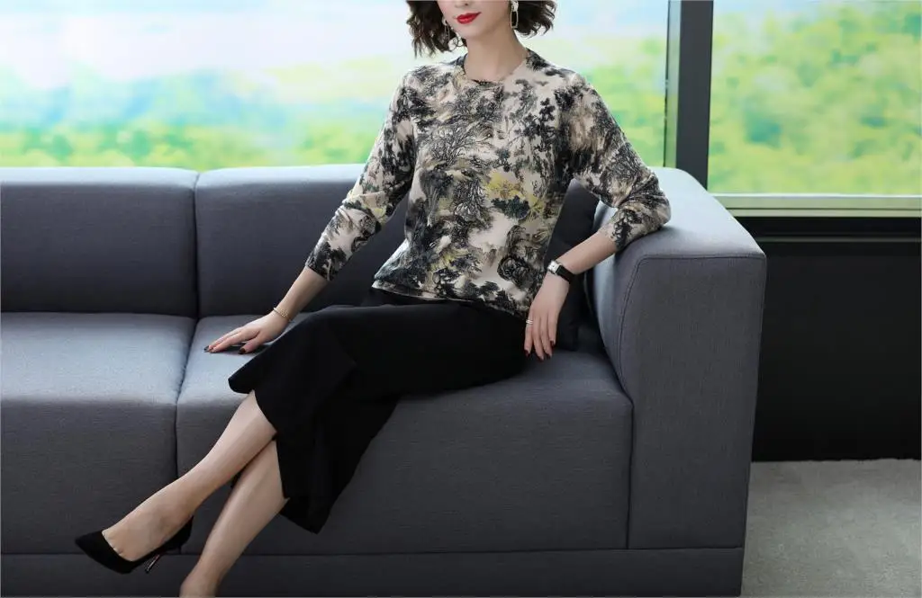 YISU вязаный женский свитер в китайском стиле с чернильным принтом, повседневный Модный пуловер с круглым вырезом и длинными рукавами на осень и зиму, свободный женский свитер