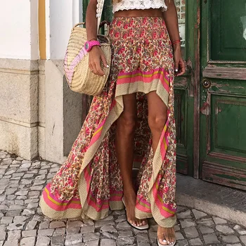 

2020 Beach Boho Print Long Skirts Women Bottoms Elastic Waist Gypsy Ethnic Ladies Summer Bohemian Skirt Female Holiday Jurken