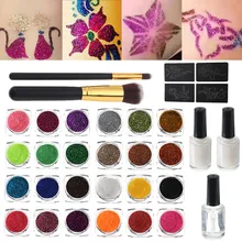 24 цвета лак для ногтей порошок для тату бодиарта набор краски причудливый женский боди-арт дизайн DIY трафарет для татуировки хной+ кисть+ клеевой набор