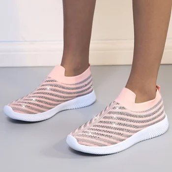 

Summer Sneakers Women Sock Shoes Crystal White Sneakers Casual Slip On Flats Ladies Trainers Walking Shoes Basket Femme 2020