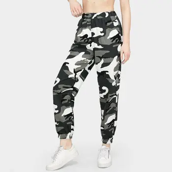 

Women's Casual Camo Elastic High Waist Slim Fit Tapered Cargo Jogger Pants Harem Hip Hop Rock Trousers Sweatpants