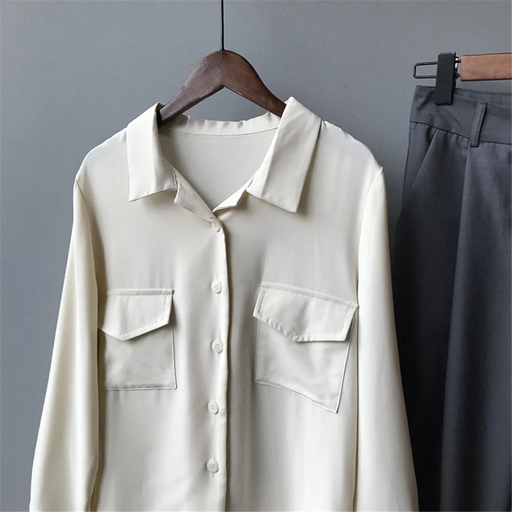 Autumn Solid Women Blouse 2019 Casual Lapel Double Pockets Blouse Shirt Flannel Shirts Female Long Sleeve Tops Y0576 (21)