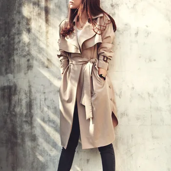 

2020 Autumn Women's Long Trench Belt Sashes Turn Down Collar Long Sleeve Trenches Windproof Casual Khaki Female Outwear