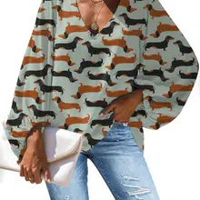 FORUDESIGNS/Прекрасный Принт "Такса" Рубашка футболки Повседневное свободного кроя с v-образным вырезом Повседневная Блузка Lartern рукав женская одежда