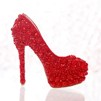 

2020 New Style Red Pearl Formal Shoes Model Heart Shape Pearl Bride High Heels Wedding Shoes Party Prom Shoes Free Shipping