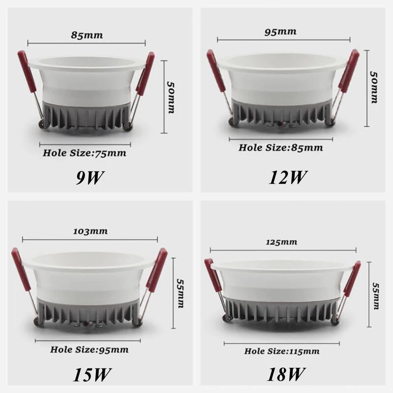 디밍이 가능한 매입형 눈부심 방지 LED 다운라이트 9W/12W/15W/18W LED 천장 스포트라이트 AC85265V 배경 램프 실내 조명