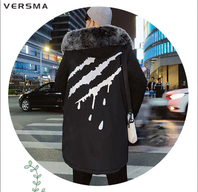 VERSMA, японский принт, Свободное длинное пальто, зимняя парка, Мужская Уличная одежда в стиле хип-хоп, меховой воротник, мужские длинные зимние Молодежные куртки, дропшиппинг
