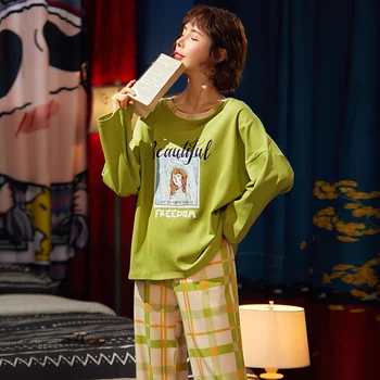 

New 2020 Autumn Winter Women's Pajamas Suit Cotton Soft Comfortable Long-Sleeved Top Pants Ladies Homewear Set