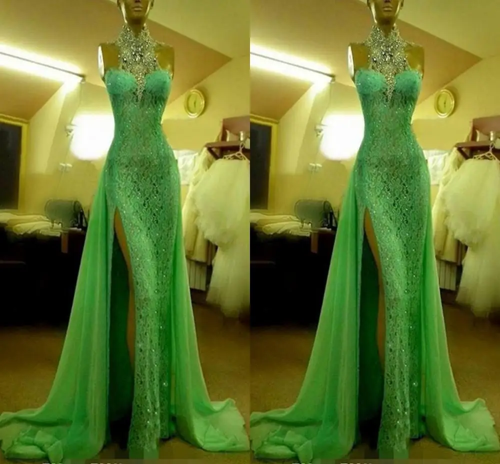 Изумрудно-зеленое на шнуровке вечерние платья с высоким вырезом с кристаллами арабские вечерние длинные платья для вечеринки с разрезом сбоку Дубай Выпускные платья