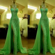 Изумрудно-зеленое на шнуровке вечерние платья с высоким вырезом с кристаллами арабские вечерние длинные платья для вечеринки с разрезом сбоку Дубай Выпускные платья