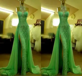 

2020 Emerald Green Lace Evening Dresses High Neck with Crystal Arabic Evening Party Gowns Long Side Slit Dubai Prom Dresses