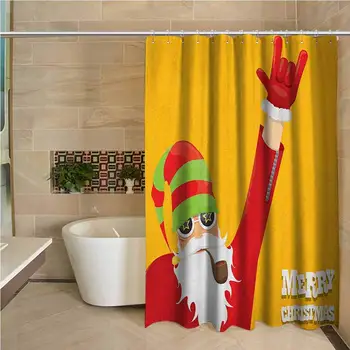 

Indie Odorless Waterproof Shower Curtain Biker Santa Claus Smoking Pipe with Hand Gesture Party Christmas Cartoon Large Home