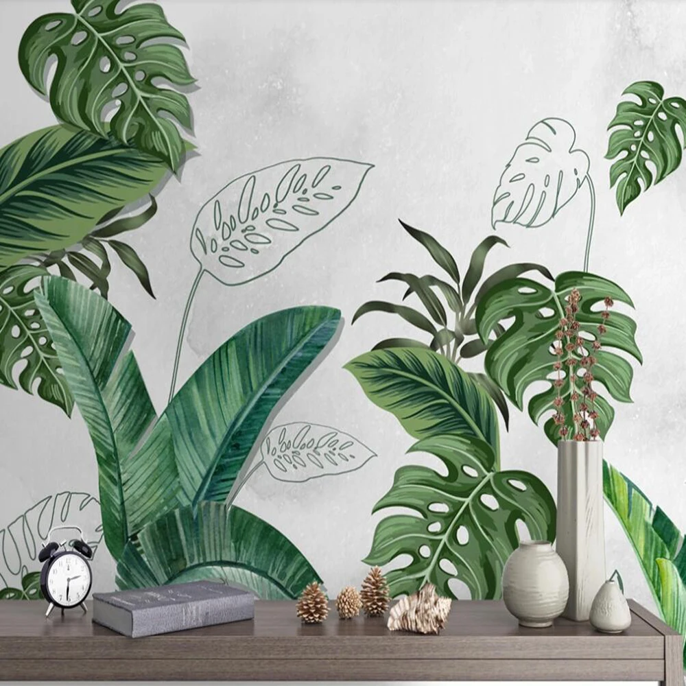 

Milofi custom 3D wallpaper mural Nordic plant hand-painted leaves tropical living room bedroom background wall decoration painti