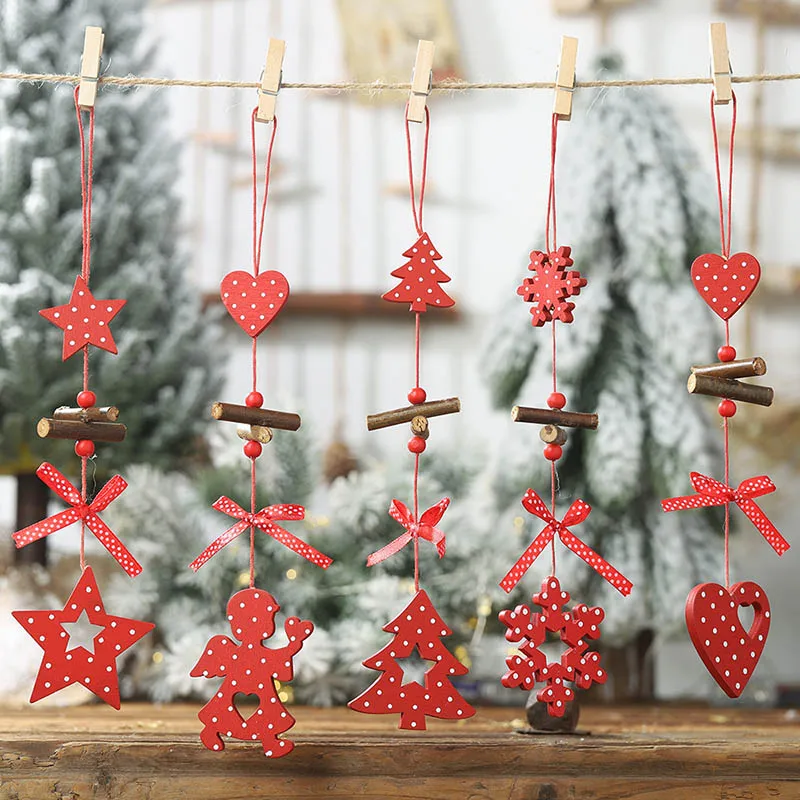 1/2/3Pc Red Dot Heart Snowflake Xmas Tree Angel Star Wooden Pendants Ornaments Christmas Hanging Decorations For Home Navidad