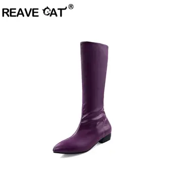 

REAVE CAT Candy color low heel knee boots patent leather Slip On Boots Purple Yellow Pink booties