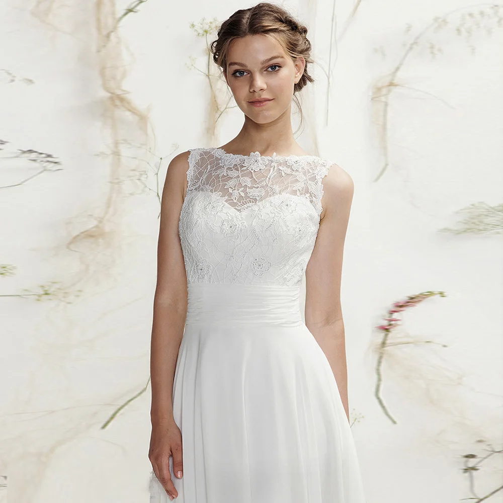 vestido de noiva White Chiffon Lace Neck V-back vestidos de noiva Beach Appliques Bridal Gowns Mother of the Bride Dresses