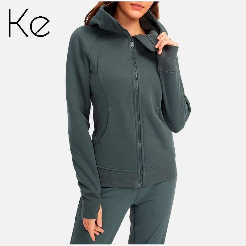 

KE new autumn and winter plus velvet hooded zipper sports jacket women's leisure outdoor sports fitness yoga wear